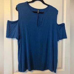 Allegrace 2X Women's Blue Cold Shoulder Top with Keyhole
